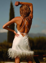 Feather Wedding Dress Short Open Back Spaghetti Straps-Dbrbridal