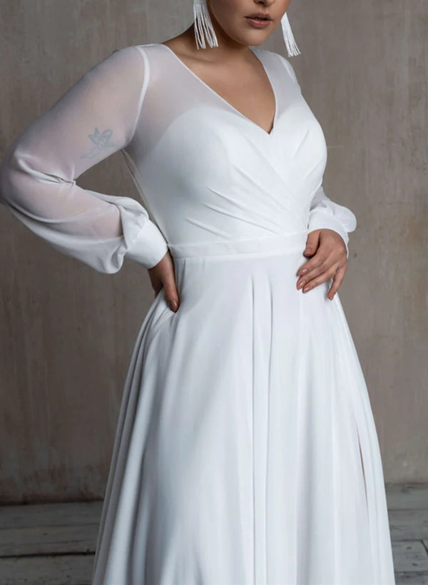 Floor-Length Wedding Dress Chic A-line V-neck Long Sleeves in Chiffon-Dbrbridal