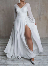 Floor-Length Wedding Dress Chic A-line V-neck Long Sleeves in Chiffon-Dbrbridal