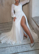 Floor-Length Wedding Dress Chic A-line V-neck Long Sleeves in Chiffon-Dbrbridal