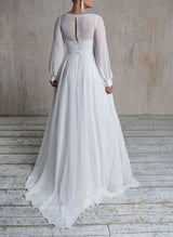 Floor-Length Wedding Dress Chic A-line V-neck Long Sleeves in Chiffon-Dbrbridal