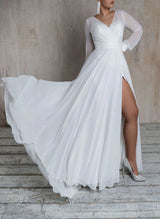 Floor-Length Wedding Dress Chic A-line V-neck Long Sleeves in Chiffon-Dbrbridal