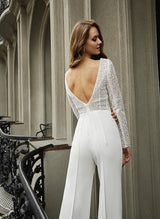 Floor-Length Wedding Jumpsuit Sequin Sheath Fitted Style Scoop Neck-Dbrbridal