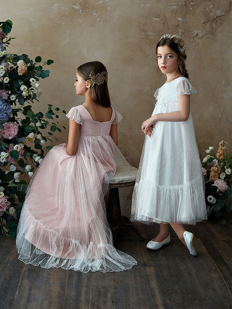 Flower Girl A-line Party Dress Flare Sleeve White Kid Dress-Dbrbridal