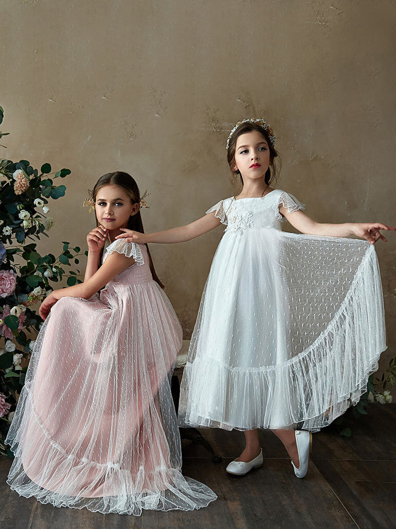 Flower Girl A-line Party Dress Flare Sleeve White Kid Dress-Dbrbridal