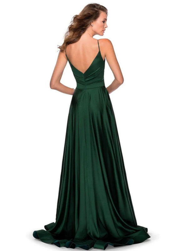 Forest Green A-Line Backless Silk Like Satin V-Neck Long Bridesmaid Dress-Dbrbridal