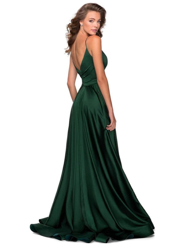 Forest Green A-Line Backless Silk Like Satin V-Neck Long Bridesmaid Dress-Dbrbridal