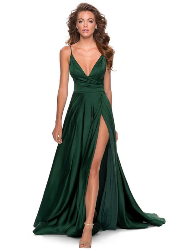 Forest Green A-Line Backless Silk Like Satin V-Neck Long Bridesmaid Dress-Dbrbridal