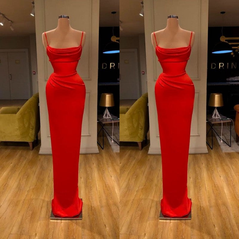 Front-ruffle Orange Sheath Prom Dress Spaghetti Straps-Dbrbridal