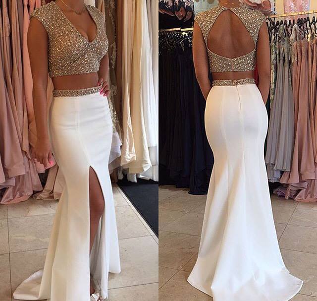 Glamorous Designer Two Piecess Prom Dresses Beadings Cap Sleeve Long Party Gowns-Dbrbridal