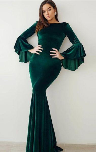 Glamorous Green Mermaid Velvet Prom Dresses Online Flare Sleeve Vintage Evening Dresses-Dbrbridal