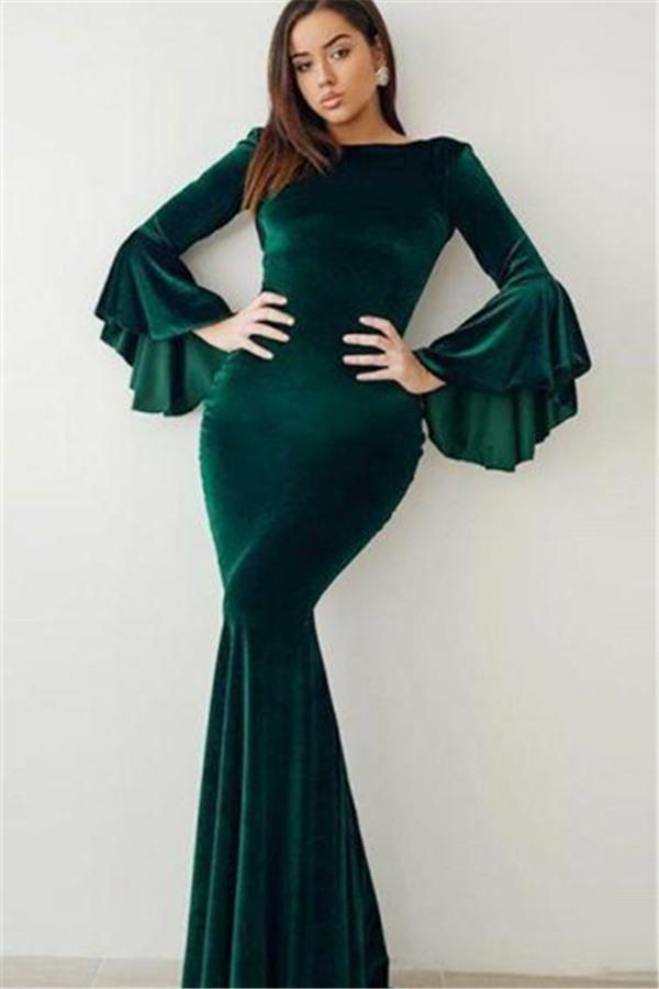 Glamorous Green Mermaid Velvet Prom Dresses Online Flare Sleeve Vintage Evening Dresses-Dbrbridal