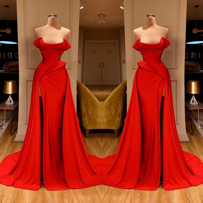 Glamorous Red Long Prom Dress With Split On Sale Off-the-Shoulder-Dbrbridal