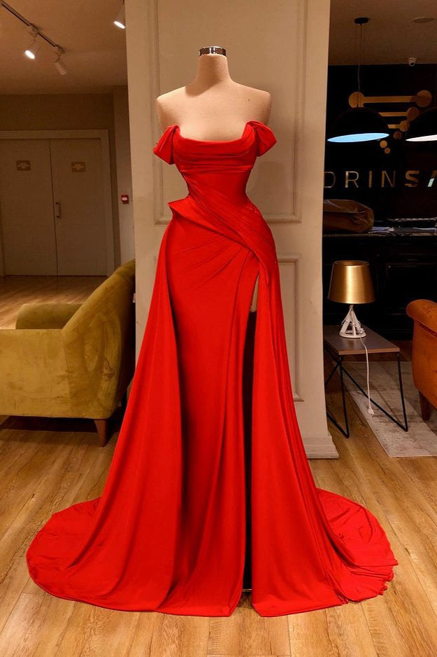 Glamorous Red Long Prom Dress With Split On Sale Off-the-Shoulder-Dbrbridal