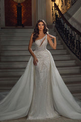 Glamorous Sleeveless Mermaid Sequins Bridal Gown with Lace-Dbrbridal