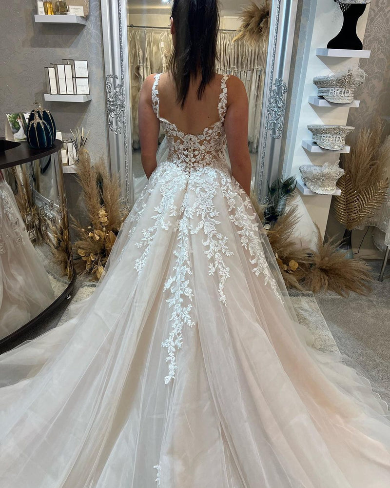 Glamorous Sleeveless Straps Lace Bridal Gown Long Slit Online-Dbrbridal