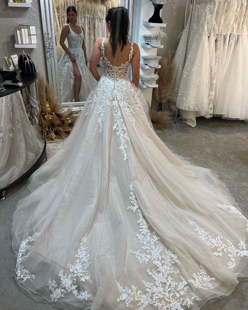 Glamorous Sleeveless Straps Lace Bridal Gown Long Slit Online-Dbrbridal