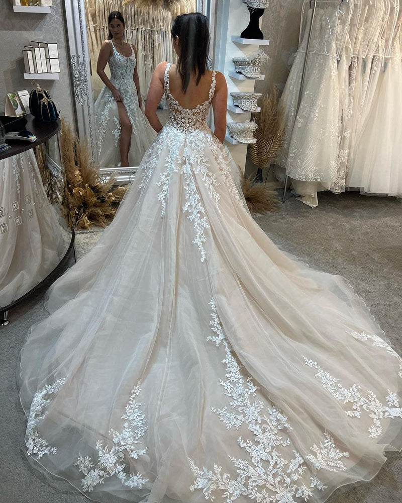 Glamorous Sleeveless Straps Lace Bridal Gown Long Slit Online-Dbrbridal