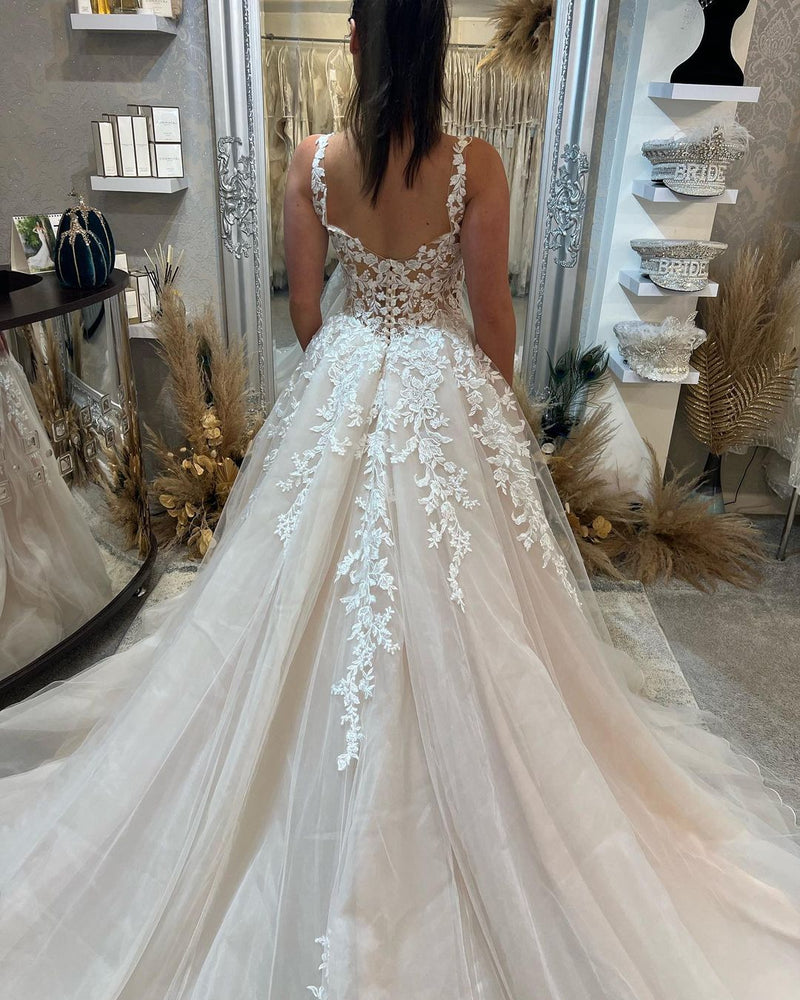 Glamorous Sleeveless Straps Lace Bridal Gown Long Slit Online-Dbrbridal