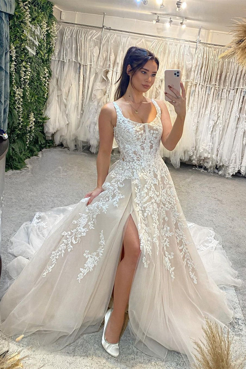 Glamorous Sleeveless Straps Lace Bridal Gown Long Slit Online-Dbrbridal