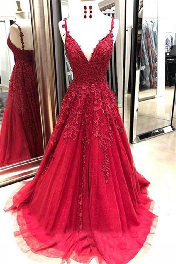 Glamorous Spaghetti-Straps Applique Prom Dresses Red Tulle Sleeveless Evening Dresses-Dbrbridal