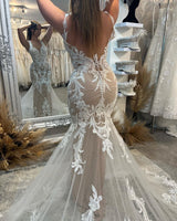 Glamorous V-Neck Sleeveless Mermaid Lace Bridal Gown-Dbrbridal