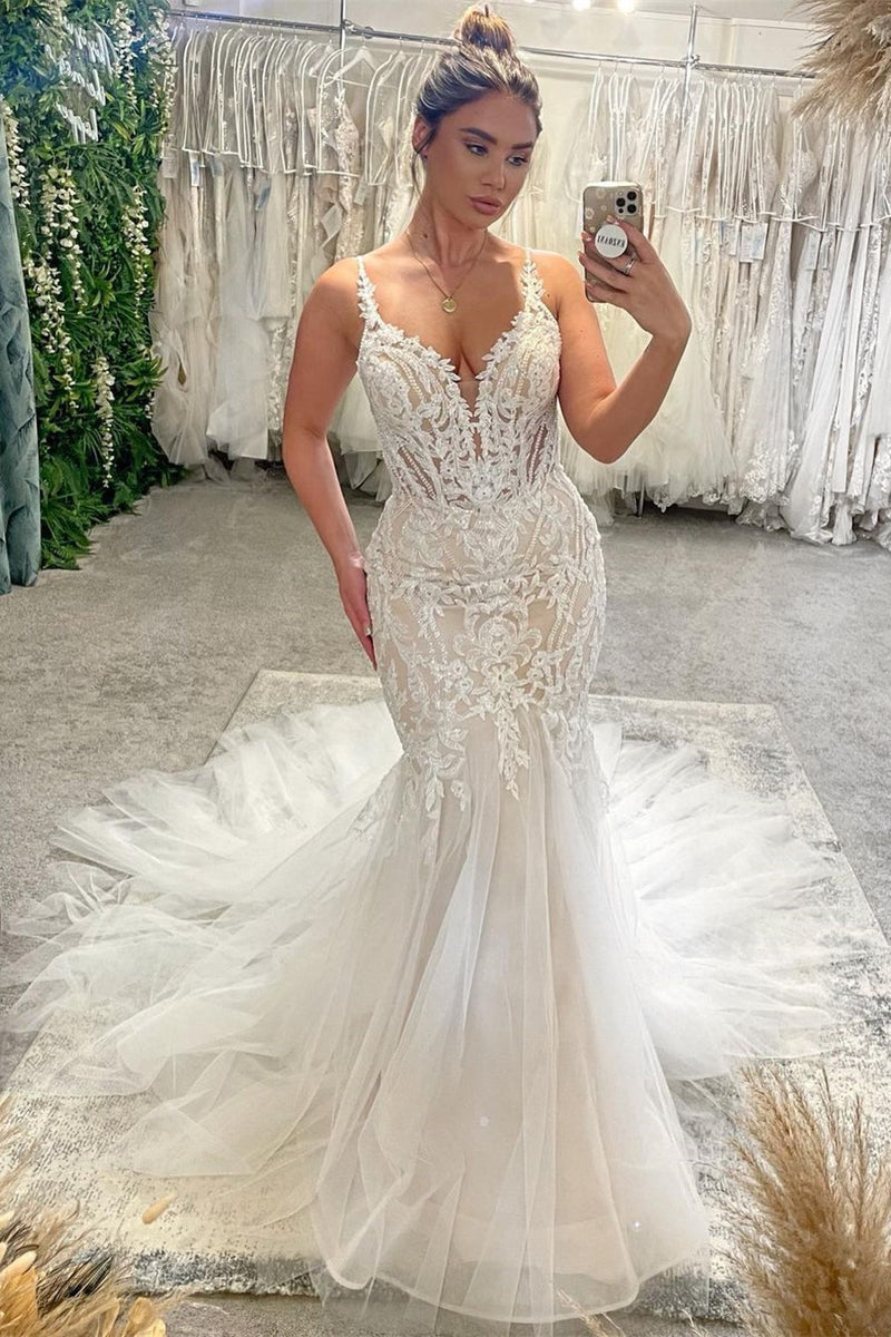 Glamorous V-Neck Spaghetti Straps Sleeveless Mermaid Bridal Gown-Dbrbridal