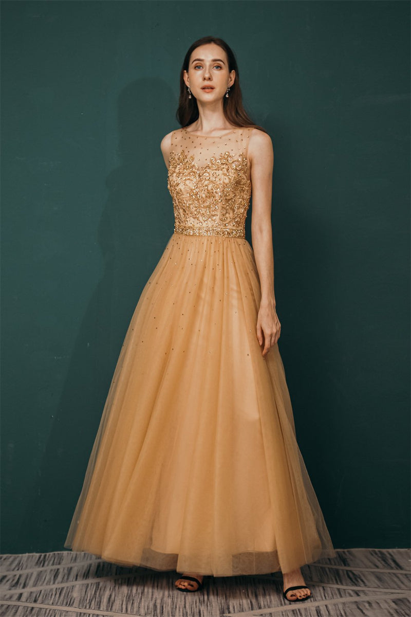 Gold Illusion neck Beadings Appliques Prom Dress-Dbrbridal