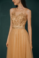 Gold Illusion neck Beadings Appliques Prom Dress-Dbrbridal