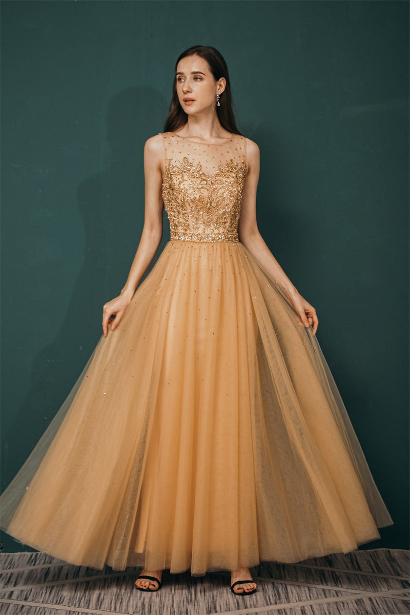 Gold Illusion neck Beadings Appliques Prom Dress-Dbrbridal