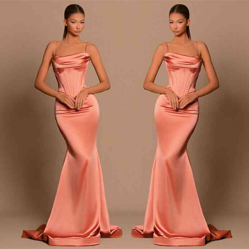 Gorgeous Coral Spaghetti-Straps Prom Dresses Mermaid Sleeveless-Dbrbridal