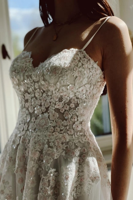 Gorgeous Garden Spaghetti Straps A-Line Lace Wedding Dresses-Dbrbridal