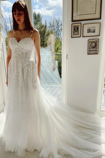 Gorgeous Garden Spaghetti Straps A-Line Lace Wedding Dresses-Dbrbridal