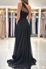 Gorgeous Long Black One Shoulder Lace Evening Prom Dresseses With Split Online-Dbrbridal