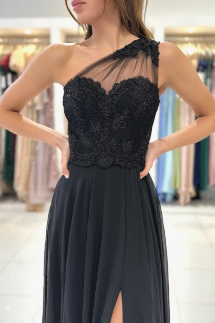 Gorgeous Long Black One Shoulder Lace Evening Prom Dresseses With Split Online-Dbrbridal