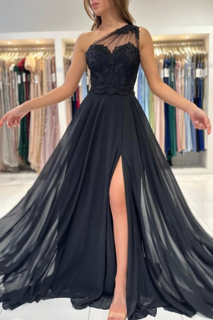 Gorgeous Long Black One Shoulder Lace Evening Prom Dresseses With Split Online-Dbrbridal