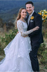 Gorgeous Long Sleeves V-Neck Garden Lace A-Line Wedding Dresses-Dbrbridal