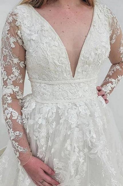 Gorgeous Long Sleeves V-Neck Garden Lace A-Line Wedding Dresses-Dbrbridal