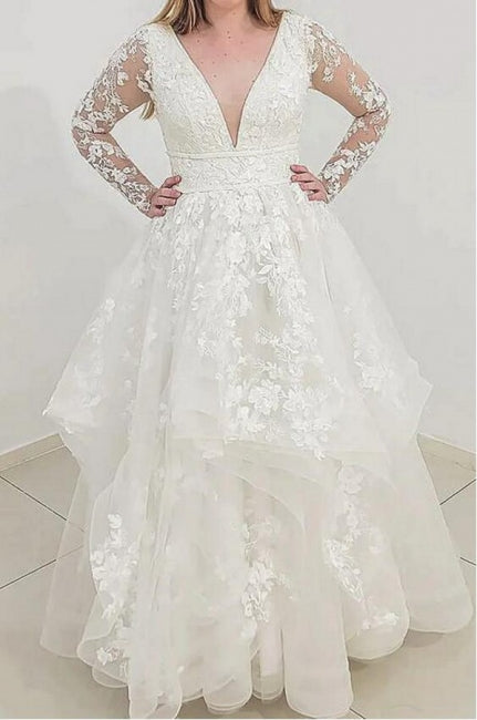 Gorgeous Long Sleeves V-Neck Garden Lace A-Line Wedding Dresses-Dbrbridal