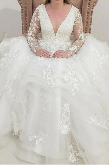 Gorgeous Long Sleeves V-Neck Garden Lace A-Line Wedding Dresses-Dbrbridal