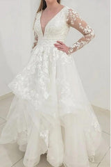 Gorgeous Long Sleeves V-Neck Garden Lace A-Line Wedding Dresses-Dbrbridal