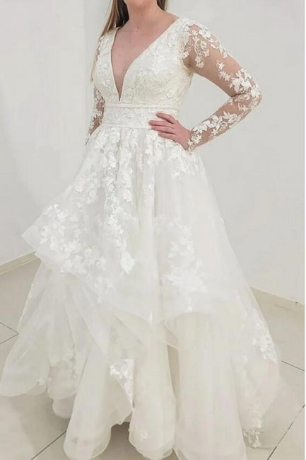 Gorgeous Long Sleeves V-Neck Garden Lace A-Line Wedding Dresses-Dbrbridal