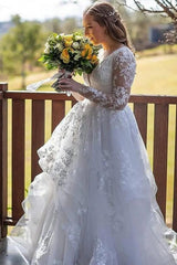 Gorgeous Long Sleeves V-Neck Garden Lace A-Line Wedding Dresses-Dbrbridal