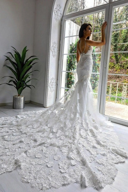 Gorgeous Sleeveless Spaghetti Straps Mermaid Wedding Dresses with Chapel Train-Dbrbridal