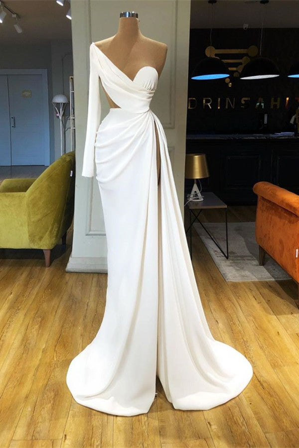 Gorgeous White One Shoulder Prom Dress With Split Long Sleeve-Dbrbridal