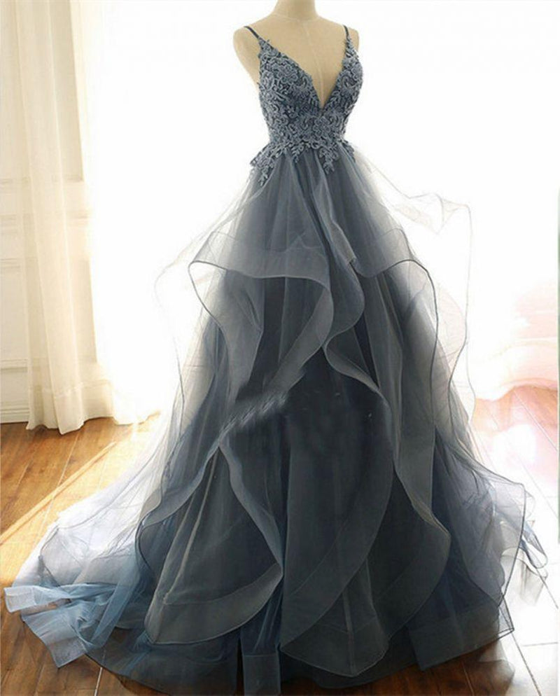 Gray Evening Dresses Tulle V-Neck Ruffles Long Spaghetti Lace Beading Formal Dresses-Dbrbridal