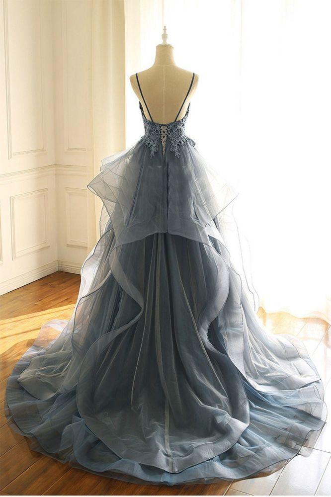 Gray Evening Dresses Tulle V-Neck Ruffles Long Spaghetti Lace Beading Formal Dresses-Dbrbridal