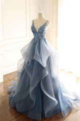 Gray Evening Dresses Tulle V-Neck Ruffles Long Spaghetti Lace Beading Formal Dresses-Dbrbridal