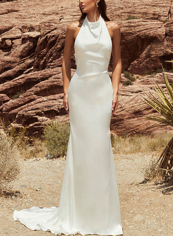 Halter Silk Like Satin Wedding Dresses Back Hole-Dbrbridal