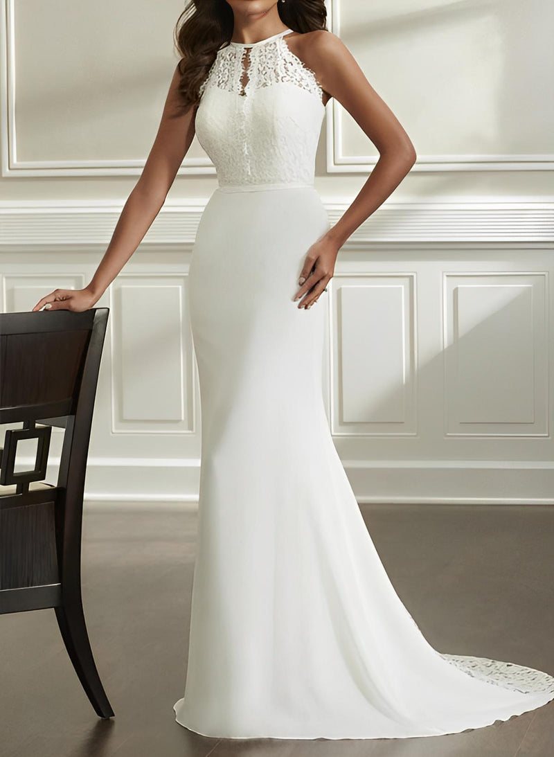 Halter Sleeveless Mermaid Fitted Wedding Dress Sweep Train in Lace Elastic Satin-Dbrbridal